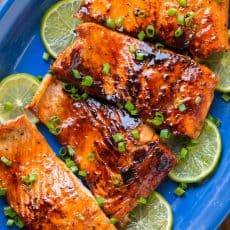 Sauteed Honey-Glazed Salmon is juicy, flaky, easy and so satisfying! Squeeze fresh lime juice over this pan fried honey glazed salmon and serve white rice. | natashaskitchen.com